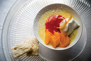 Kathryn King’s coconut custard with blood orange sauce