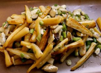 Winter: Oven-roasted parsnip “fries,” braised Savoy cabbage with petit rouge peas, and a root and citrus salad Steven Satterfield Oven-roasted parsnip “fries” with spring onions and fennel
