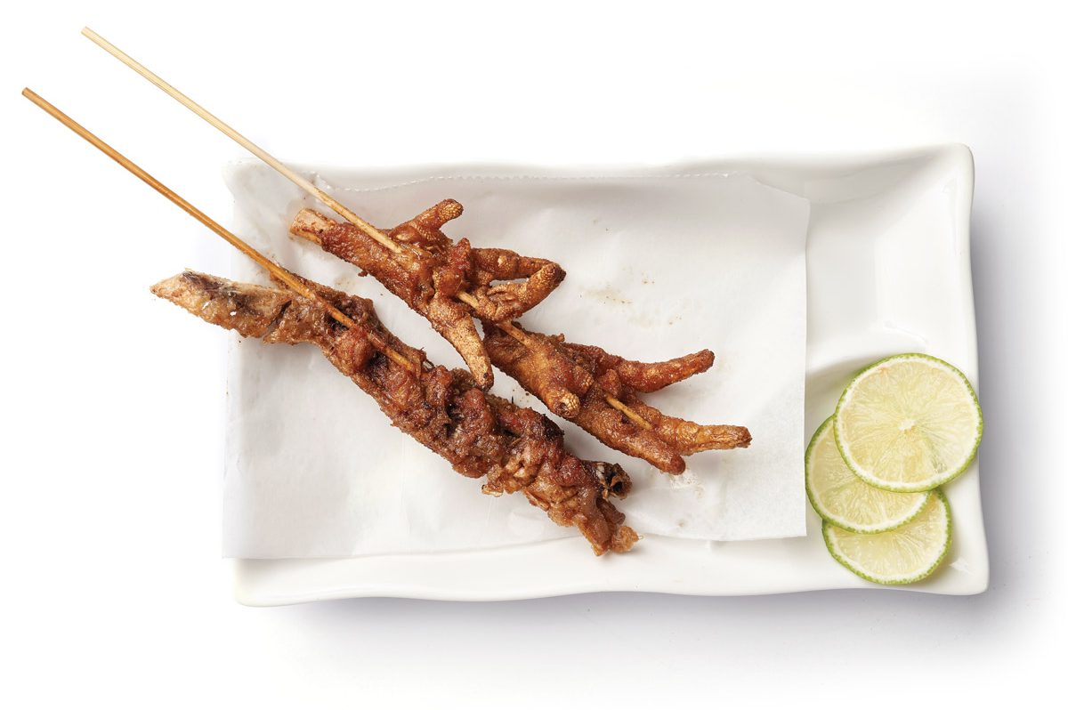 Chicken-wing kabob and chicken-feet kabob