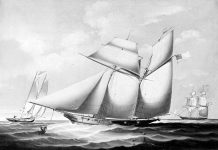 How one of America’s last-documented slave ships was used during the Civil War Black and white painting of the USS Wanderer on the sea