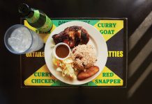 Jerk chicken, rice, and vegetables