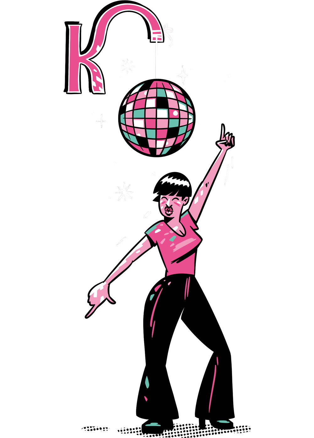 An illustration of a woman dancing under a Disco Kroger
