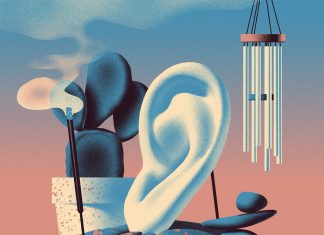 An illustration of an ear surrounded by incense, wind chimes, and more therapeutic items