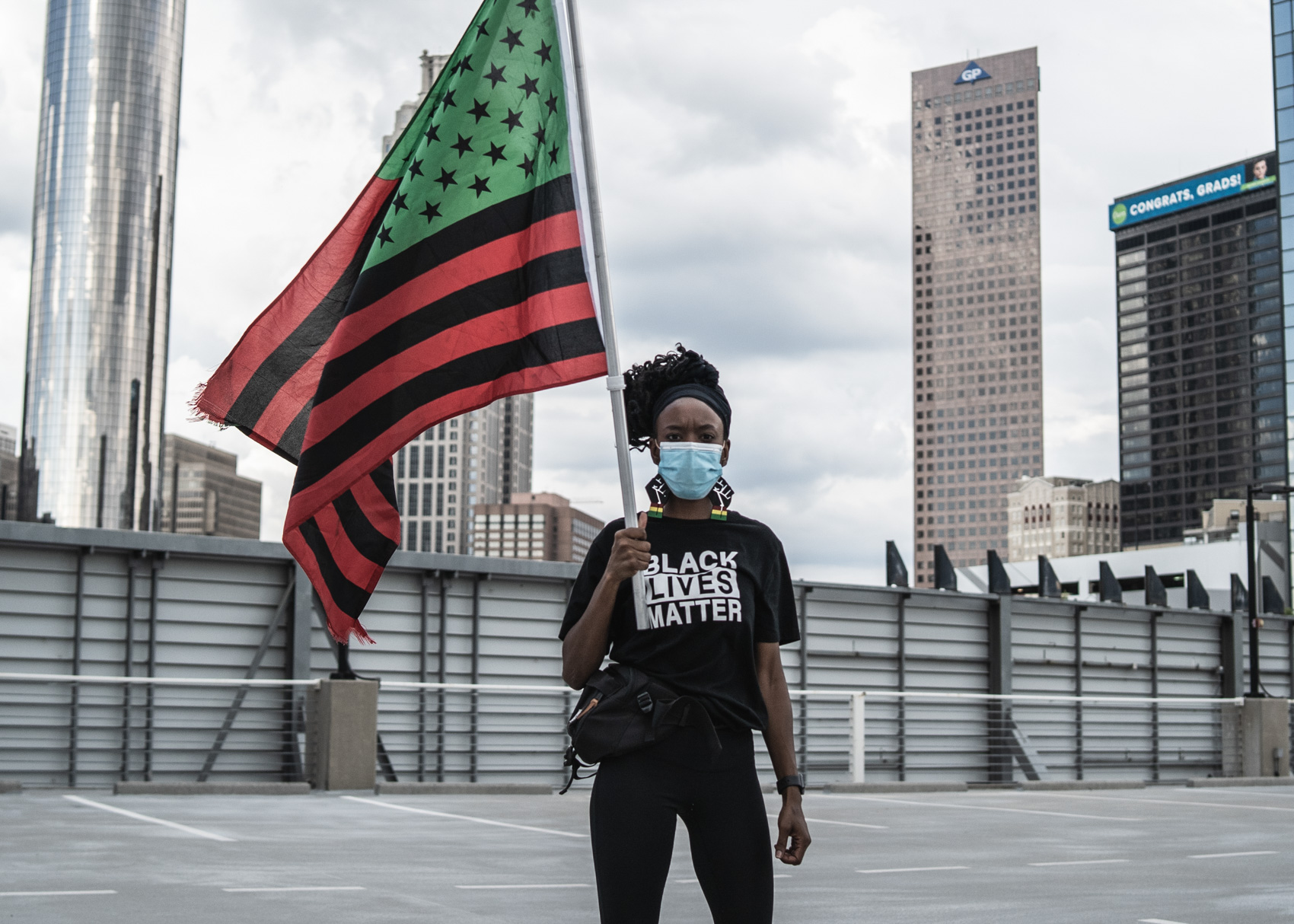 protestor holding flag