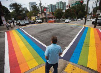 The Rainbow crosswalk at 10th and Piedmont