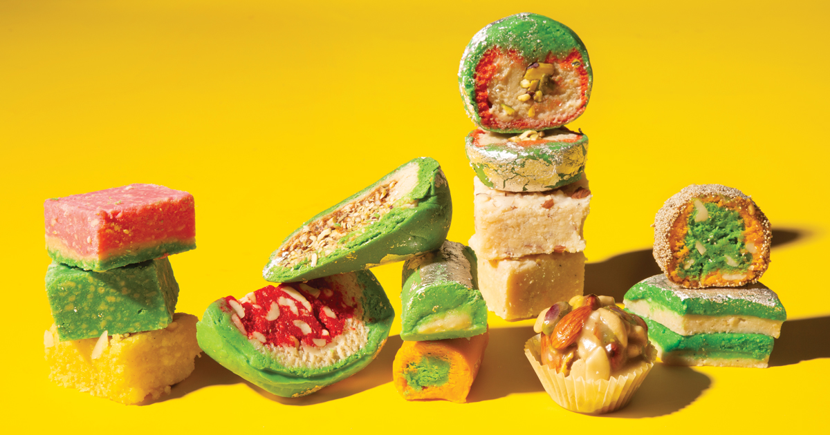A stacked array of treats from Gokul Sweets
