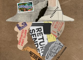 Mail clippings from USPS packages making the face of a person