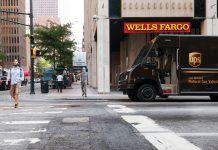 UPS truck in front of Wells Fargo