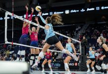 Pro women’s vollyball team Atlanta Vibe serves up excitement in Duluth An Atlanta Vibe spikes the ball over the net