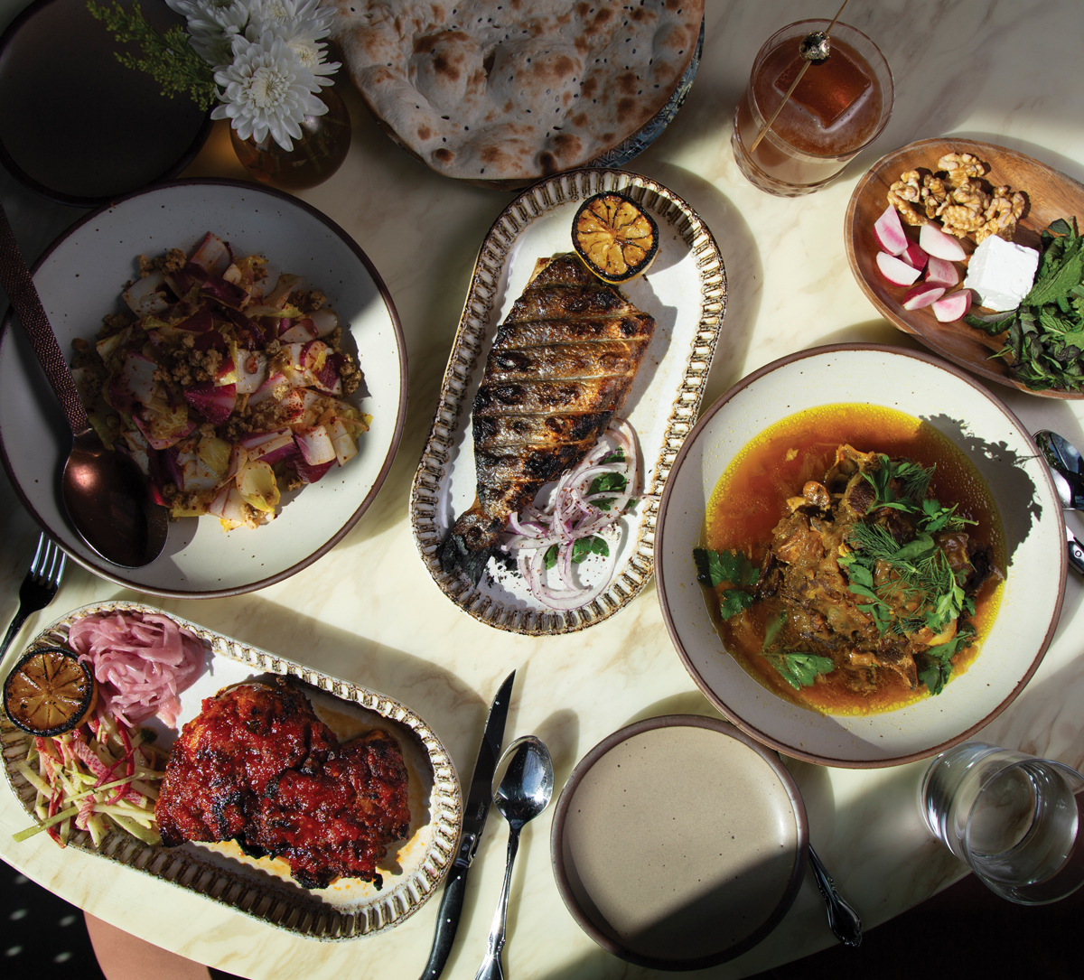 A table of food at Delbar