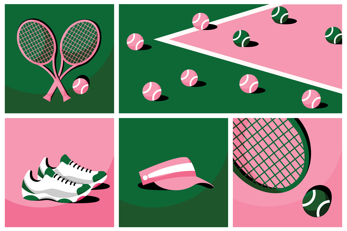 A cartoonish graphic of tennis rackets, tennis balls, tennis shoes, a cap, and a court