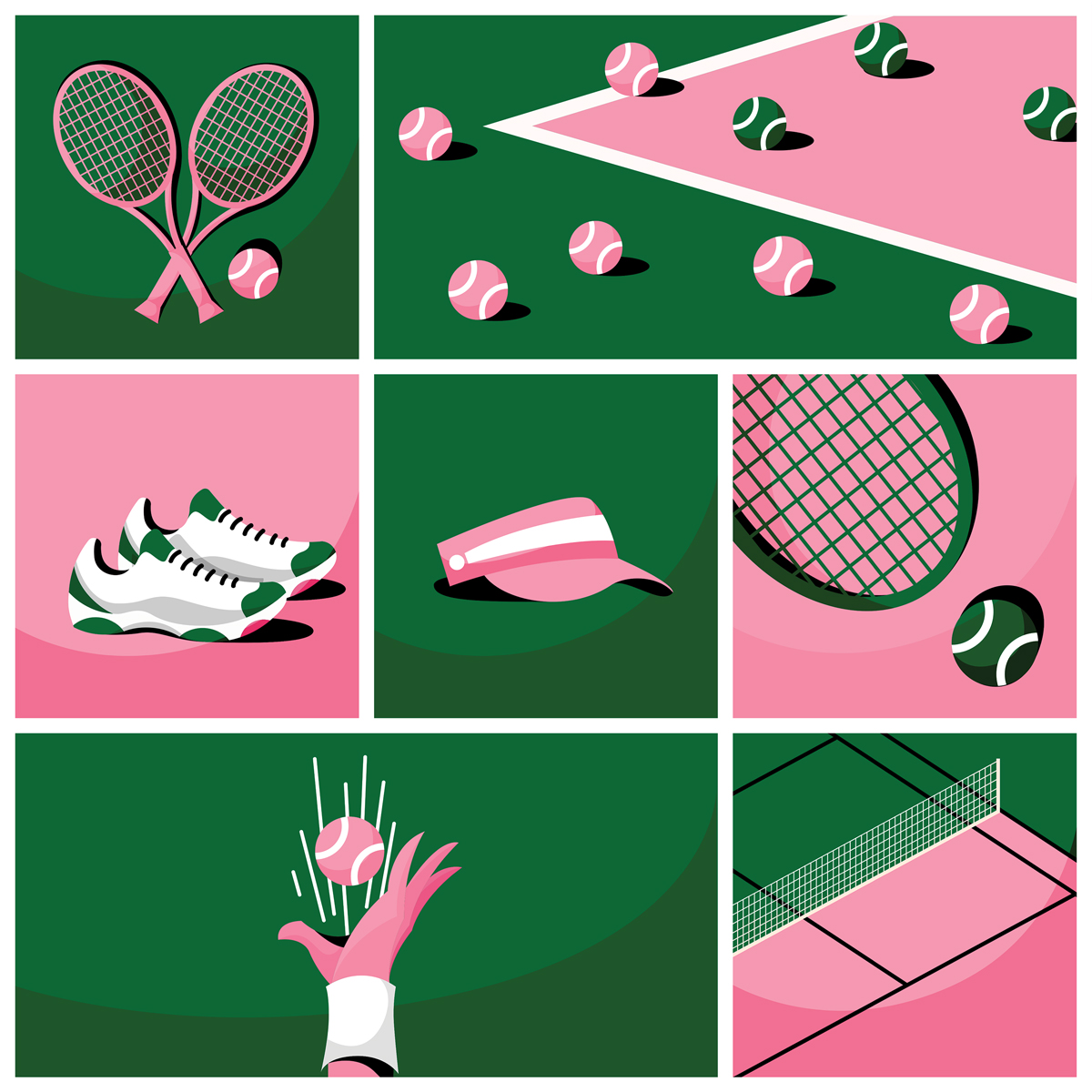 A cartoonish graphic of tennis rackets, tennis balls, tennis shoes, a cap, and a court