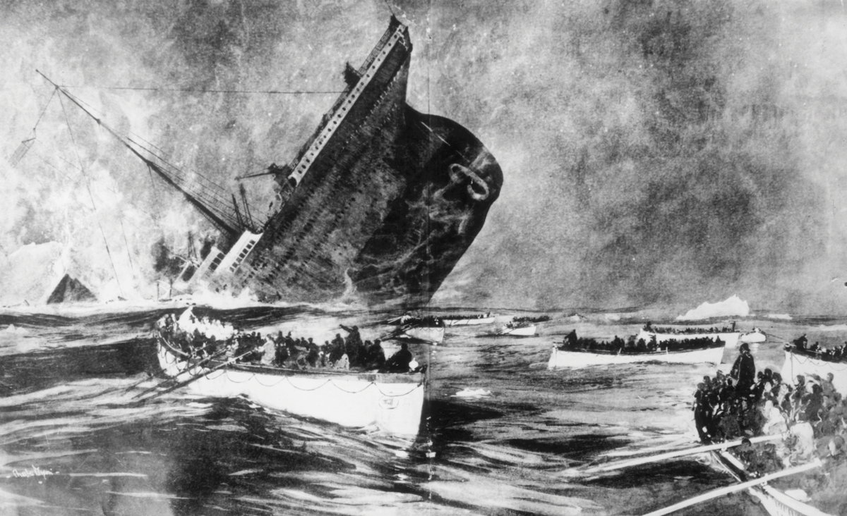 Black and white illustration of the Titanic sinking