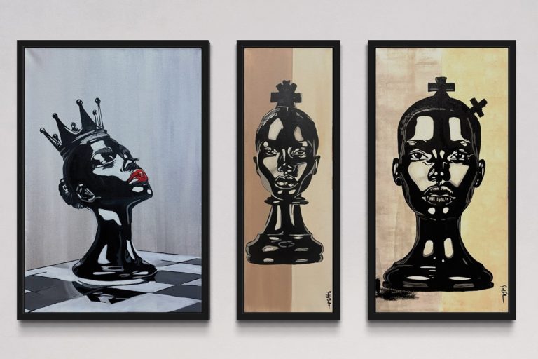 three paintings of women as chess pieces hung on the wall