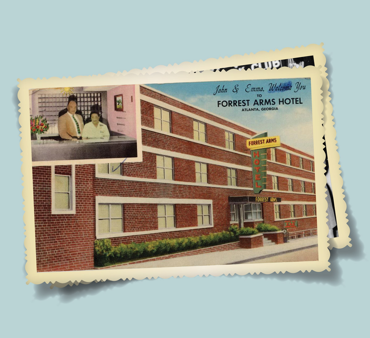 A postcard featuring Forrest Arms managers, John Eddie and Emma Jefferson
