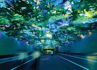 The world’s busiest airport is where most people interact with Atlanta. In many ways, it resembles the city itself. Flight Paths by Steve Waldeck, between Concourses A and B, is one of the only dark places in airport, with the sounds of rain and birds chirping in the background.