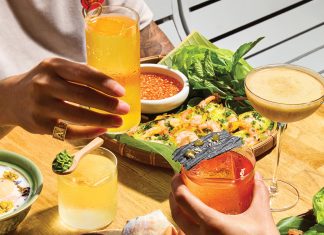 Toasting with the Moon Theory (left) and Sabai Sabai cocktails at Side Quest