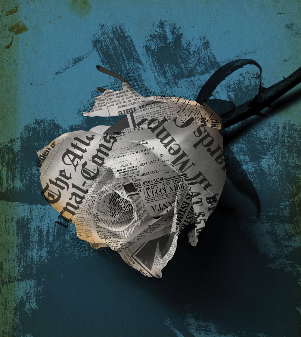 a collage illustration of a rose with news paper pages as petals against a blue background 