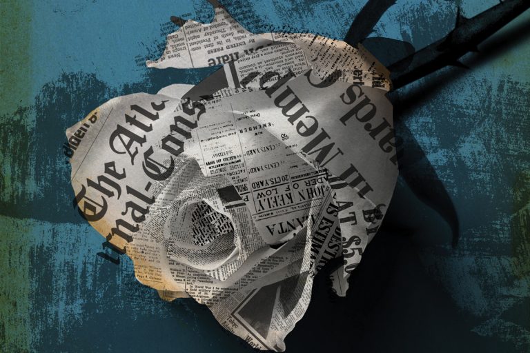 A collage illustration of a rose with news paper pages as petals against a blue background