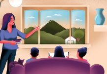 Once a crime, now a cornerstone: Inside Georgia’s homeschooling boom An illustration of a mother pointing out a window toward a mountain with three kids on a couch watching
