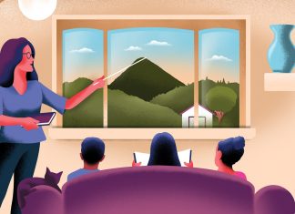 Once a crime, now a cornerstone: Inside Georgia’s homeschooling boom An illustration of a mother pointing out a window toward a mountain with three kids on a couch watching