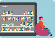 A love letter to DeKalb County Public Library’s Libby app An illustration of a person sitting on a beanbag chair and wearing headphones connected to a big screen with many books on it