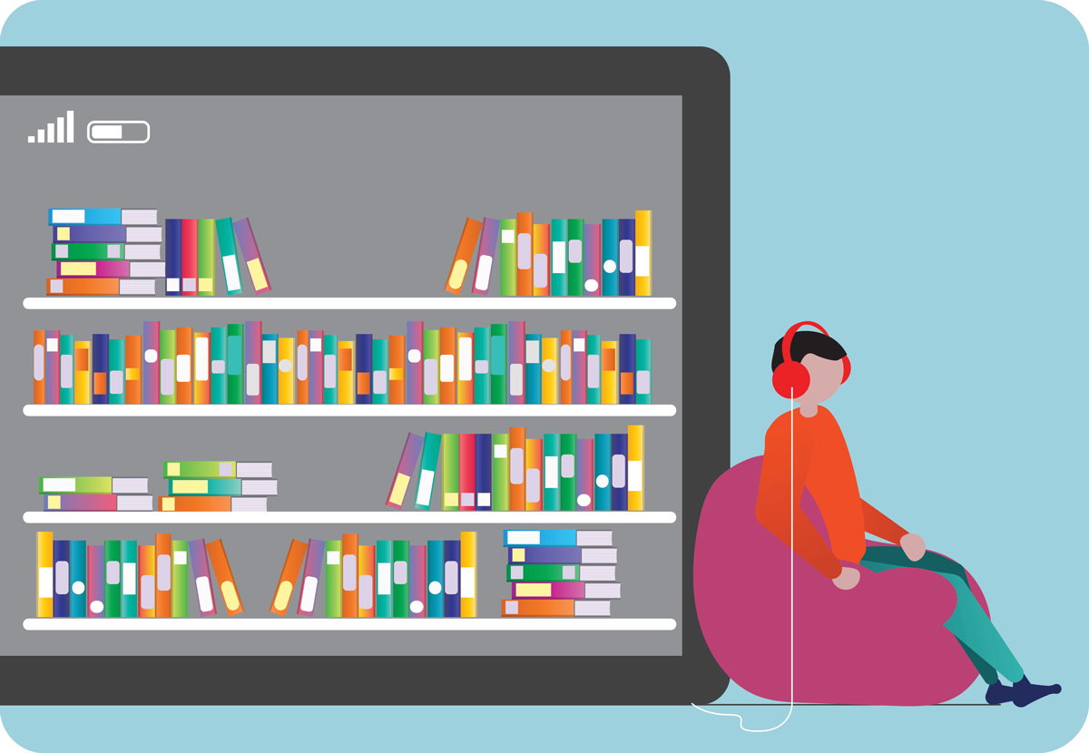 An illustration of a person sitting on a beanbag chair and wearing headphones connected to a big screen with many books on it