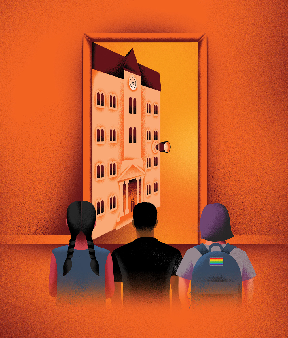 an illustration of three people looking into a window with a building inside