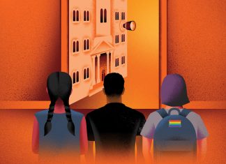 an illustration of three people looking into a window with a building inside