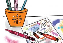 Where to shop in Atlanta to find the perfect pen an illustration of multiple colored pens, some in an orange cup, and some over a piece of scribbled paper