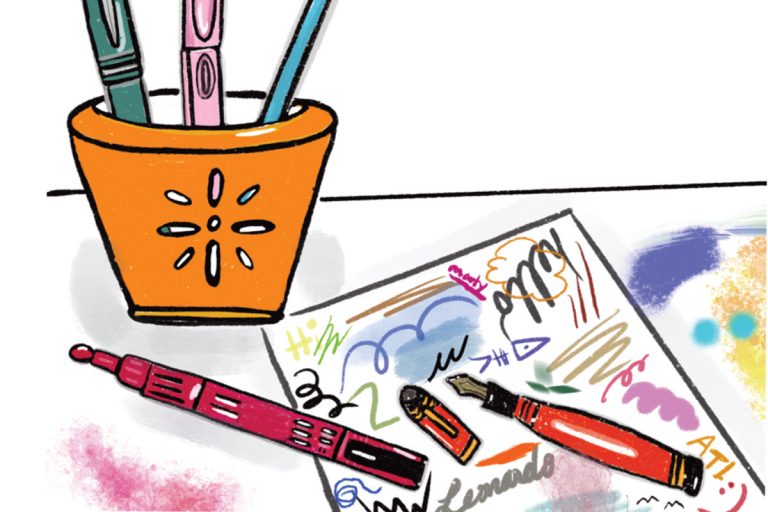 an illustration of multiple colored pens, some in an orange cup, and some over a piece of scribbled paper