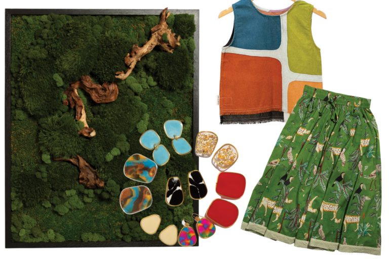 clockwide from top right: top from Color of Heat, skirt from Indian Roots, earrings from Loud Italian, moss artwork from Solid Moss Co.