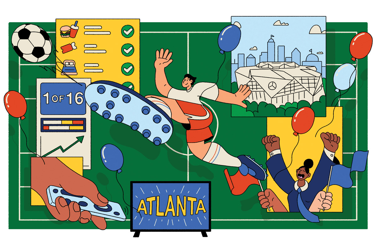 an illustration of people cheering and playing soccer