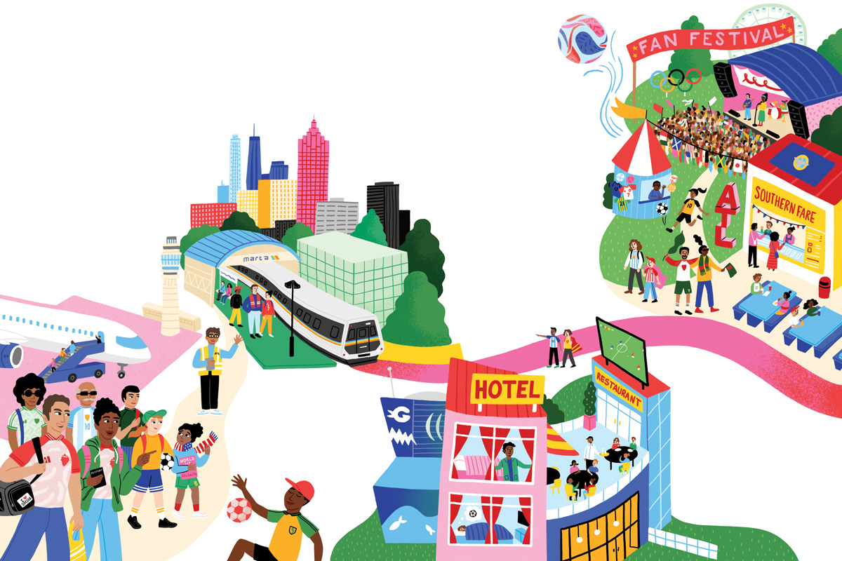 an illustration of people traveling to see the World Cup, a MARTA train against a Atlanta's cityscape, and popular Atlanta landmarks such as the Georgia Aquarium and Olympic Centennial Park