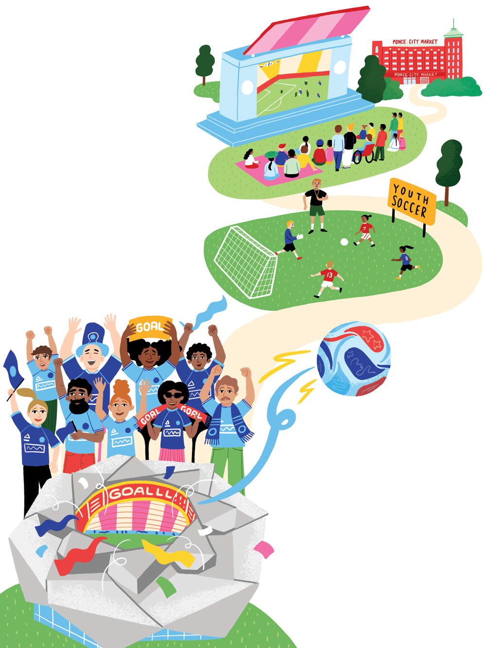 an illustration fo kids enjoying the World cup, and others playing across a field as well as enjoying a watch party