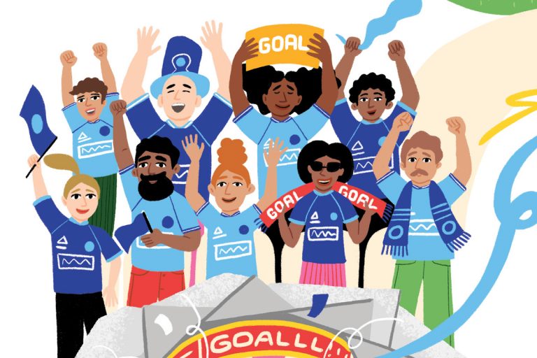 an illustration of multiple people of different ages enjoying the World Cup