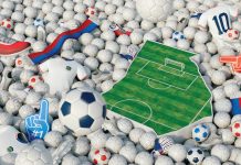 Beyond Atlanta: Georgia prepared for World Cup 2026 a 3d rendered illustration of a soccer field surrounded by mutliple soccer balls, foam gloves, and soccer team shirts