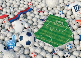 Beyond Atlanta: Georgia prepared for World Cup 2026 a 3d rendered illustration of a soccer field surrounded by mutliple soccer balls, foam gloves, and soccer team shirts