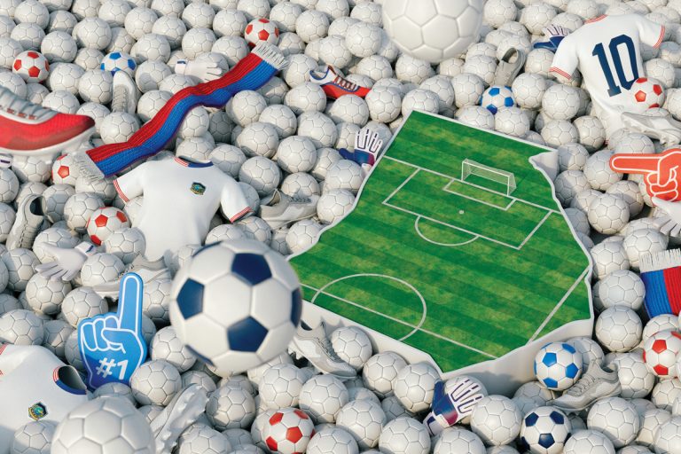 a 3d rendered illustration of a soccer field surrounded by mutliple soccer balls, foam gloves, and soccer team shirts