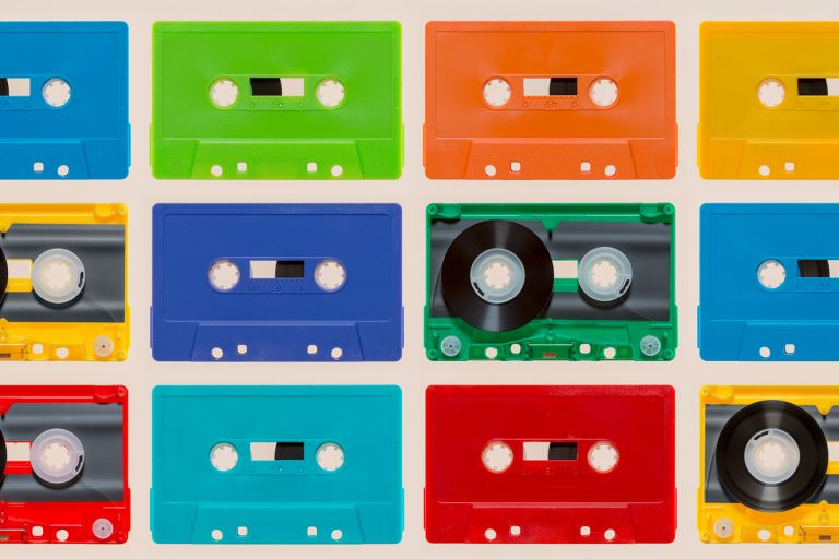 a series of colorful cassette tapes