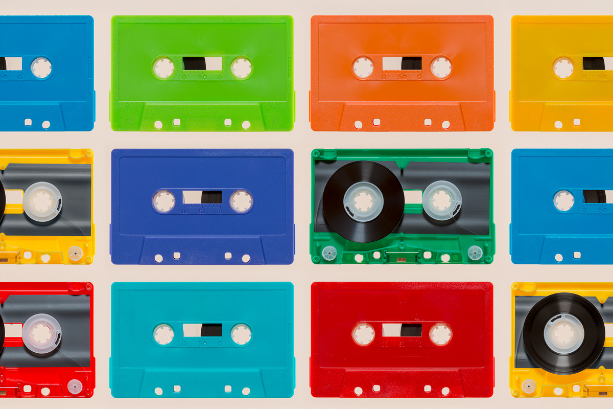 a series of colorful cassette tapes