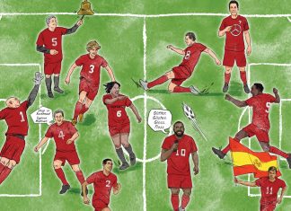 Atlanta’s Starting XI: The leaders behind the city’s World Cup game plan an illustration of everyone mentioned in the article as "team Atlanta" playing soccer in red uniforms on a field