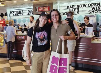 A new WABE series, Cinema Social, celebrates movie-watching together Attendees Grace Harvey (left, in a Lois Reitzes shirt) and Mariana Lombello