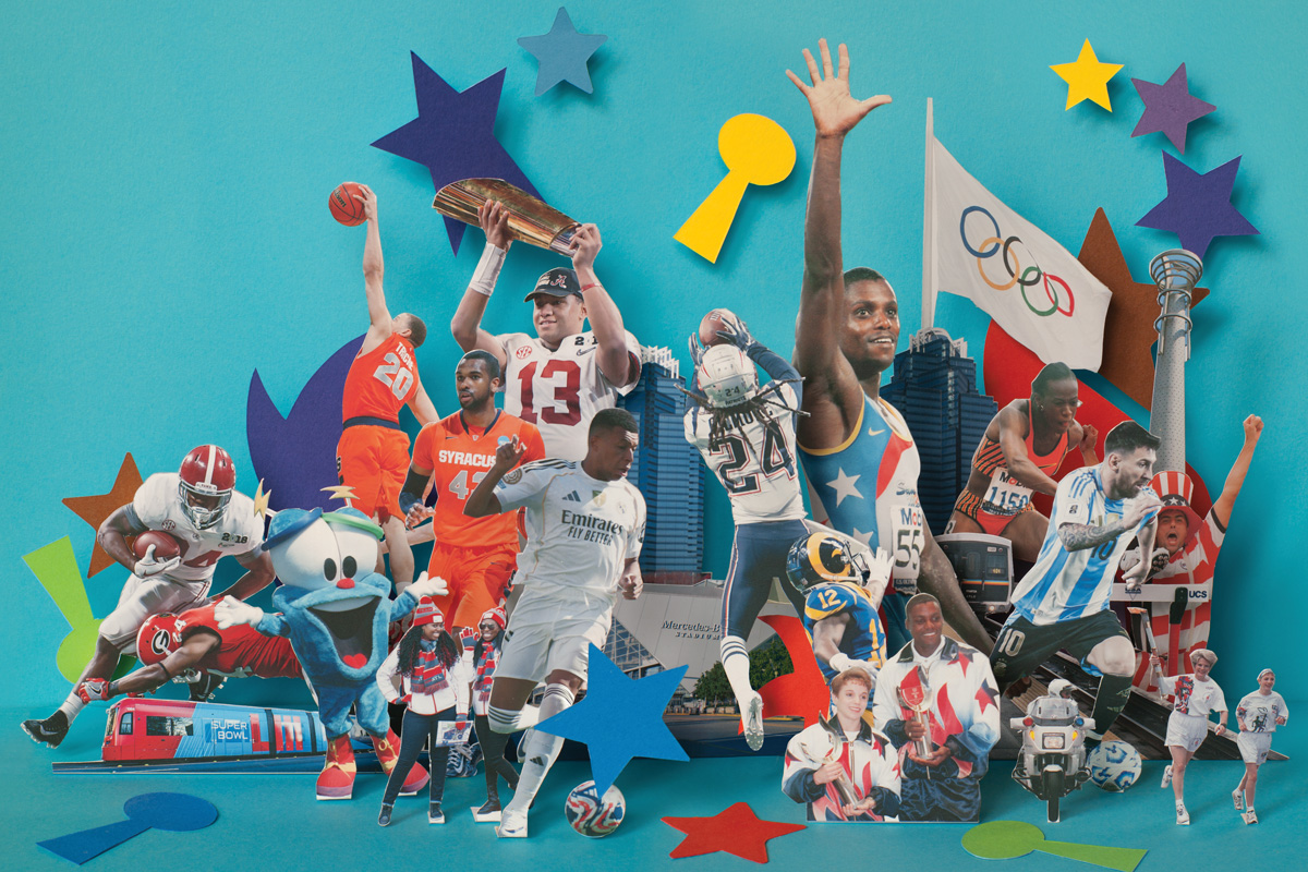 a collage of Atlanta landmarks and various sports team players