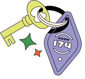 an illustration of a hotel room key with a purple tag labeled "Room 174"