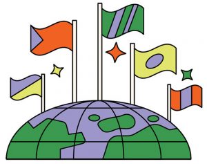 an illustration or the globe with flags atop