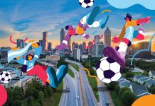 a colorful illustration of soccer players and balls over a photograph of Atlanta's iconic skyline