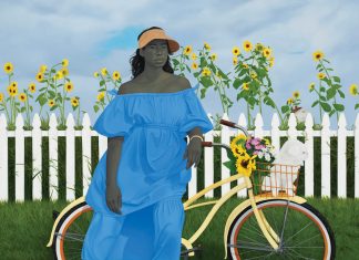 Amy Sherald’s American Sublime comes home to Atlanta a woman in a blue dress stands by her bike with a white dog in the basket and a white picket fence in the background