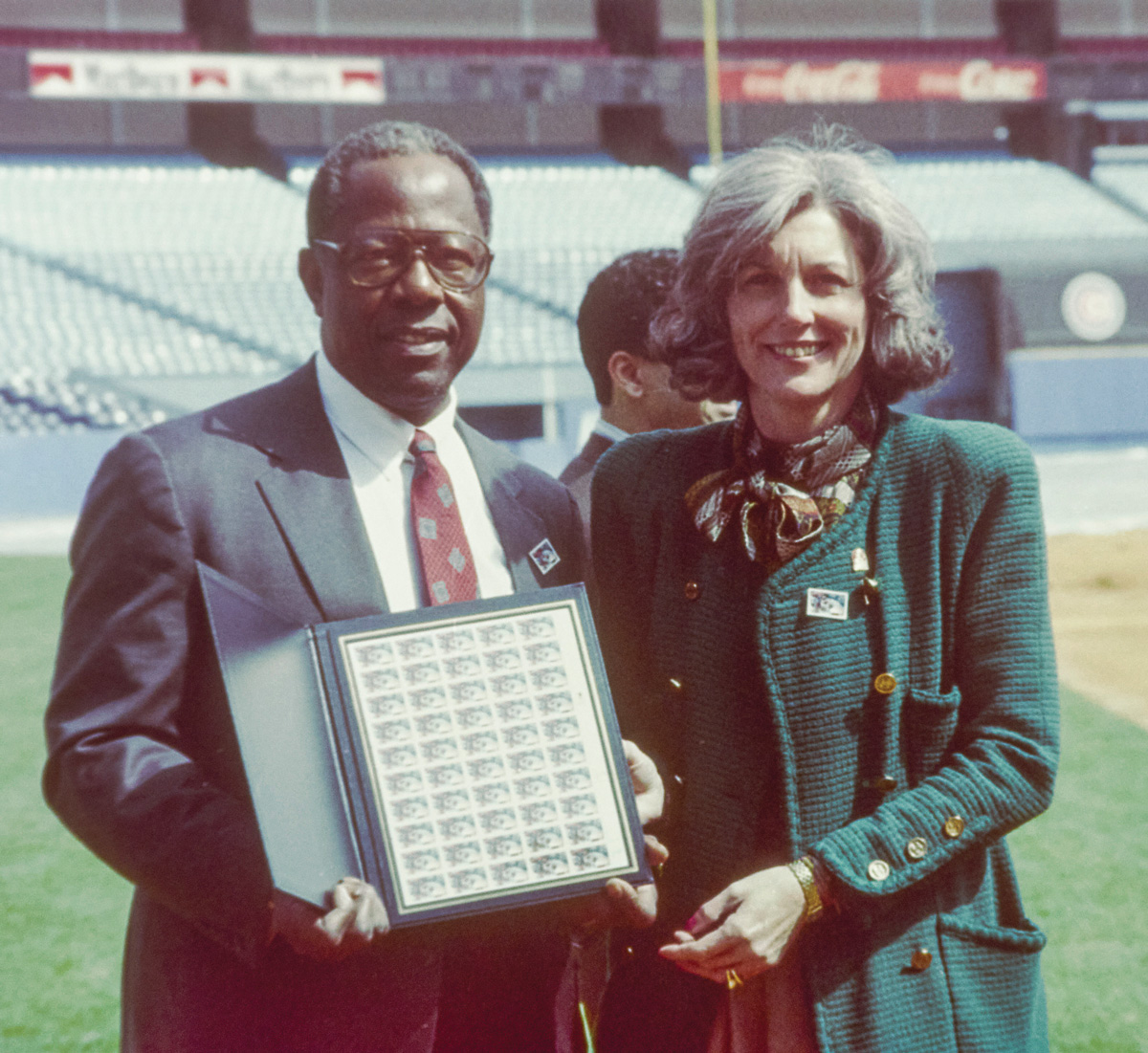 Hank Aaron and Ginger Watkins at the introduction of the 1996 Olympic Games Stamp