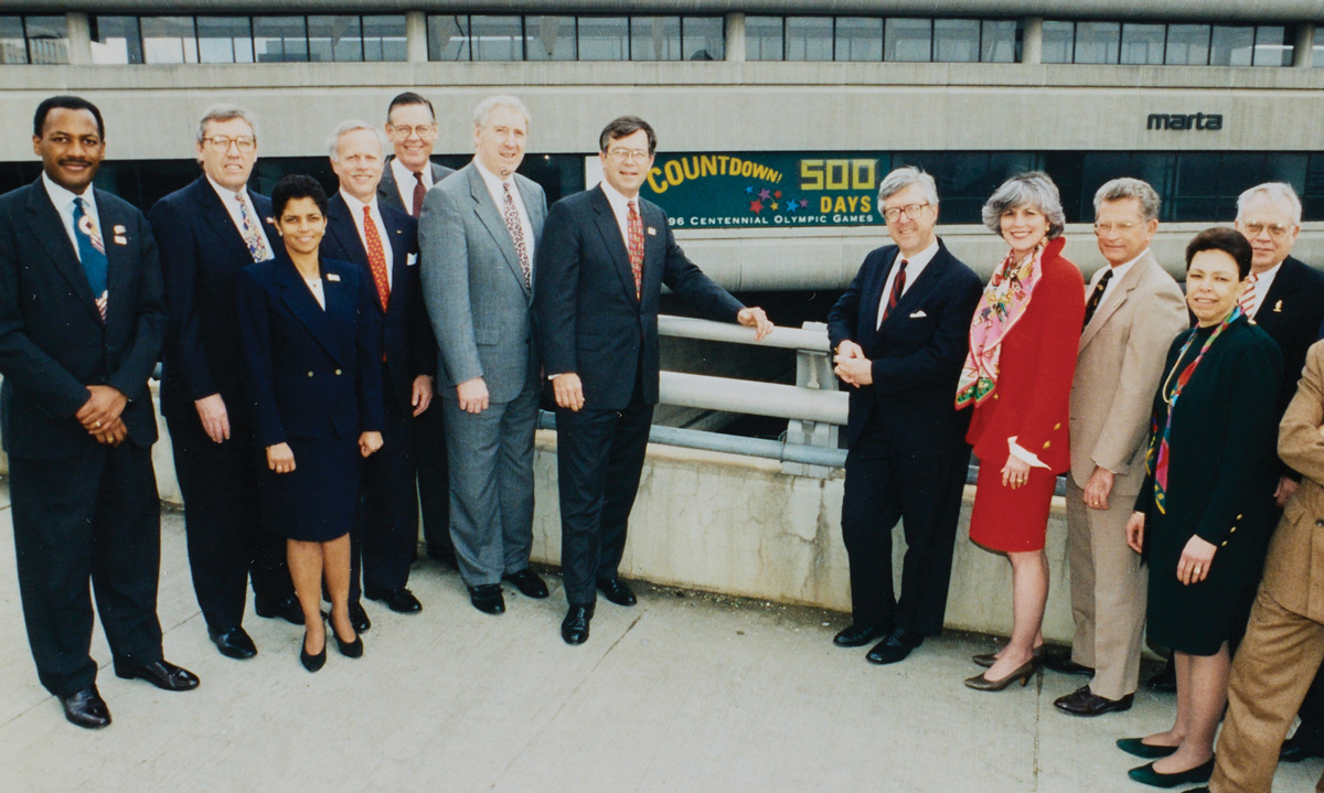 At a 1995 MARTA Olympic event: Sears Collins, Doug Bowles, Shirley Franklin, Rod Knowles, Dick Yarbrough, Dave Maggard, Billy Payne, A.D. Frazier, Ginger Watkins, Bill Moss, Doris Stallworth, Sherman Day